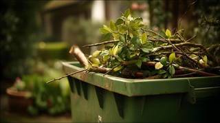 Branches and garden cuttings in a bin for waste removal in W4, Greater London